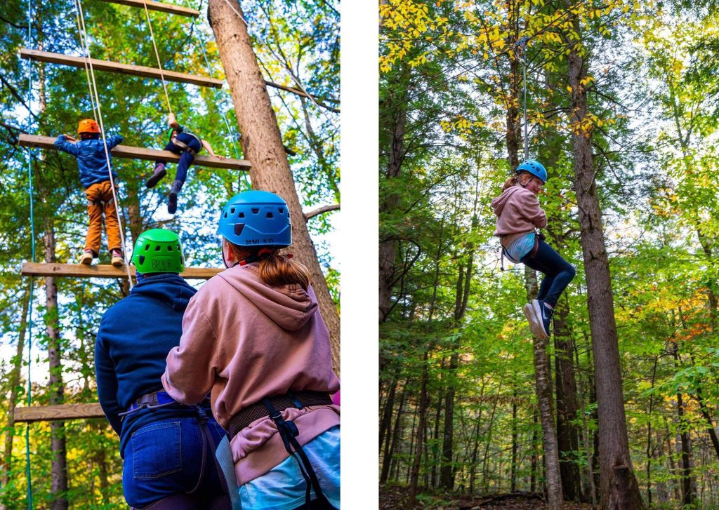 A photo collage, first image is of children on a ropes course and the second image is of a child using a zipline