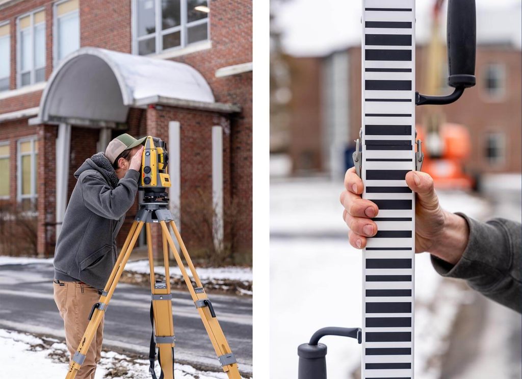 A photo collage people using new surveying equipment