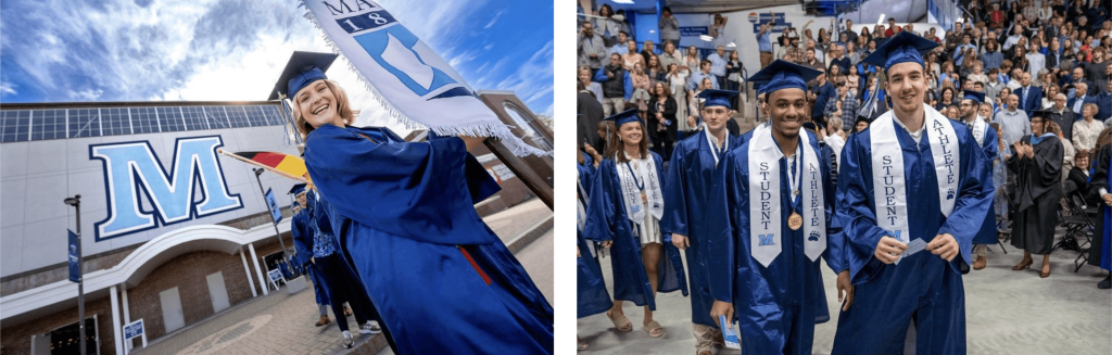 A photo collage showing a student walking outside of UMaine's field house and two student-athletes attending commencement