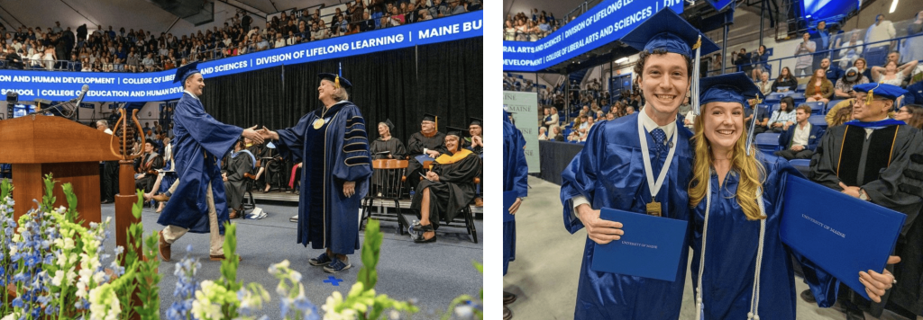A photo collage showing a student getting a diploma from President Ferrini-Mundy and two students posing with their diplomas