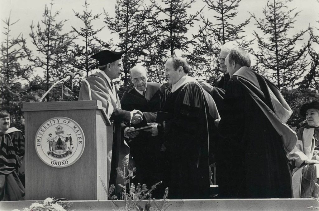 A photo of Bernard Lown receiving an honorary degree from the University of Maine