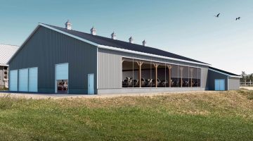 A rendering of a milking barn