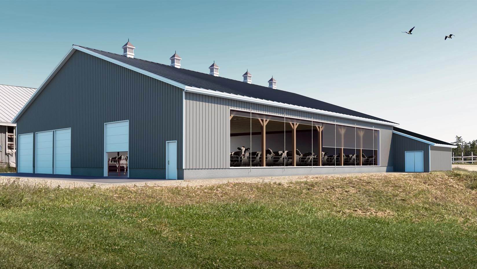 A rendering of a milking barn