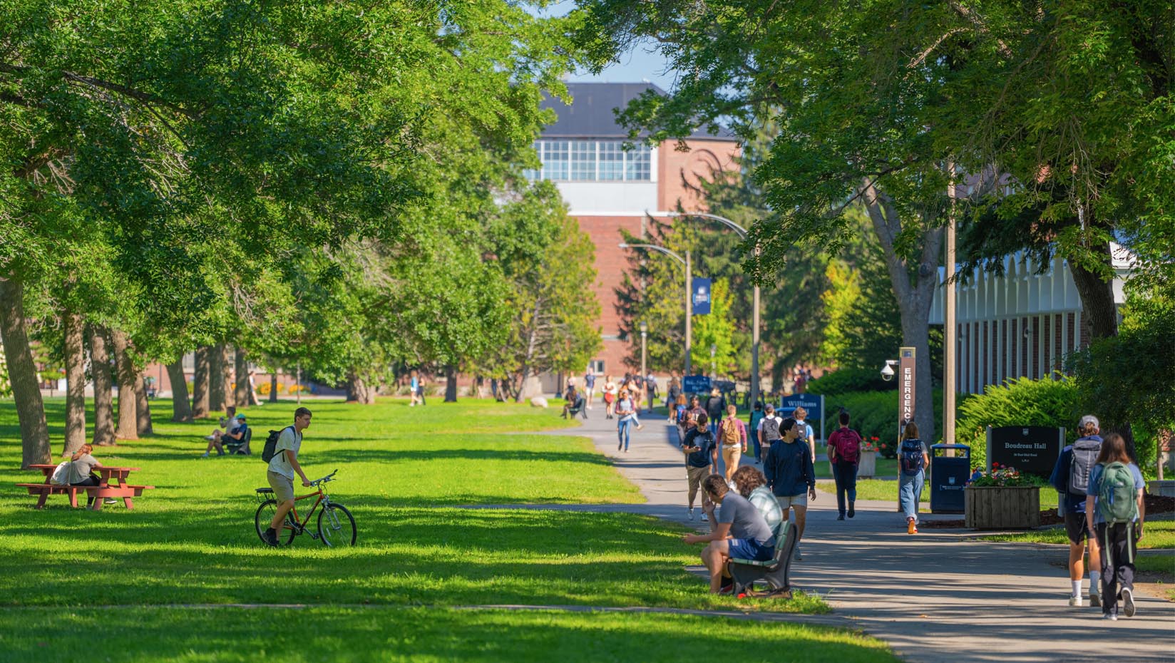 A photo of UMaine's Mall filled with student in late summer