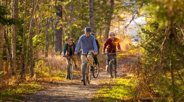 A photo of people biking on a forest trail in fall