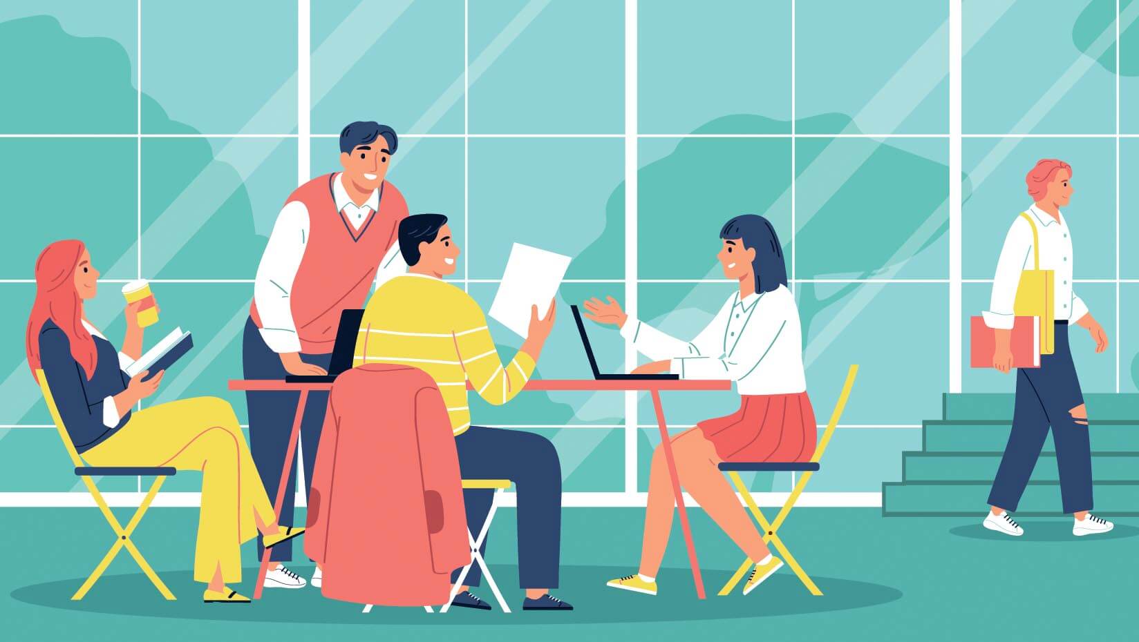 An illustration of students on a college campus