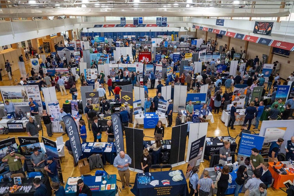 An aerial photo of the engineering career fair