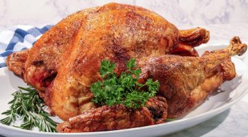 A photo of a cooked turkey on a plate.