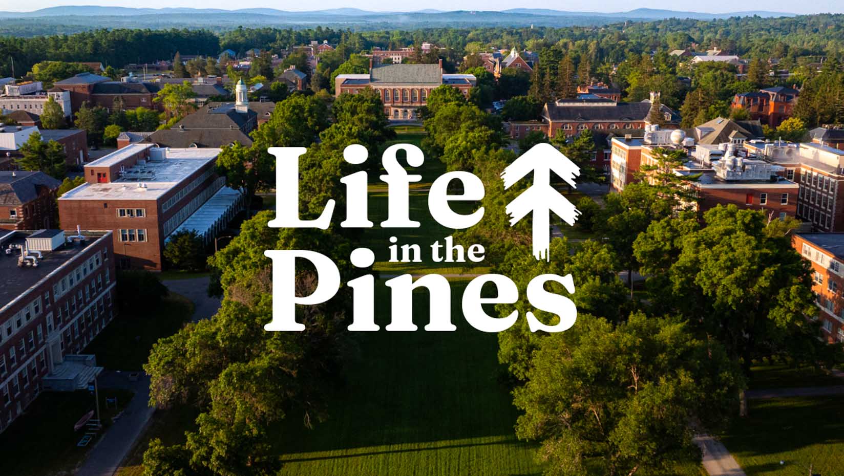 An aerial image of UMaine's Mall in summer with the Life in the Pines logo in the center