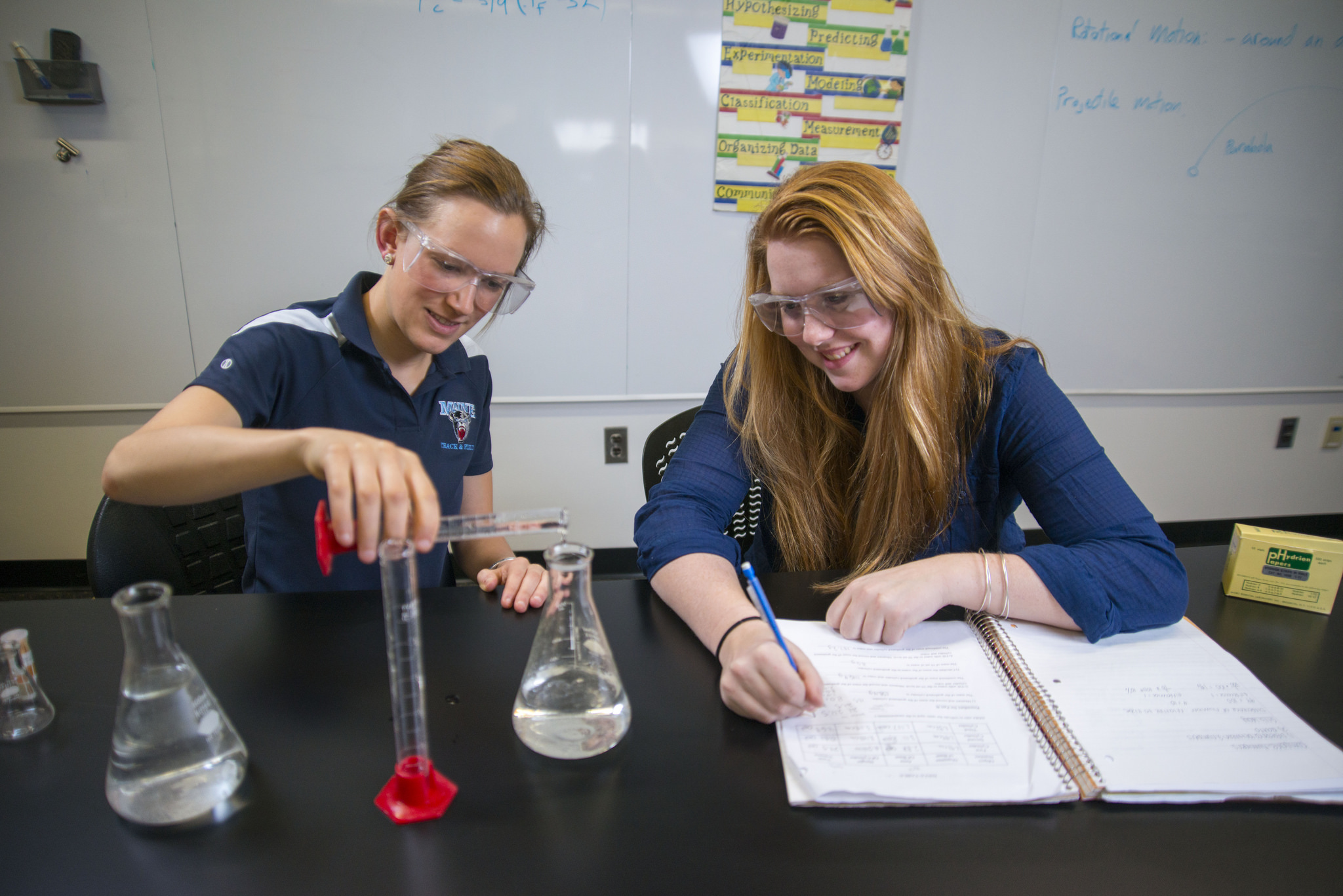 Two girls working on a chemistry lab