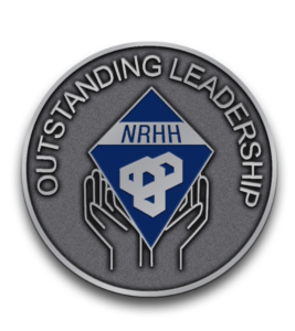 silver circular pin that says 'Outstanding Leadership' with the outline of hands holding a blue diamond that says 'NRHH' 