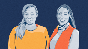 An illustration of two women on a dark blue background