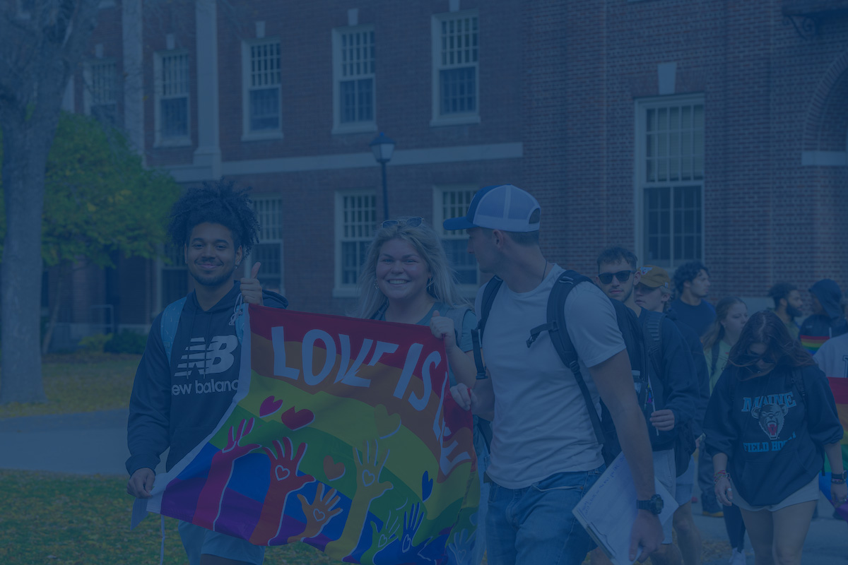 A photo of students holding a "Love is Love" flag with a blue overlay. Link to Rainbow Resource Center website