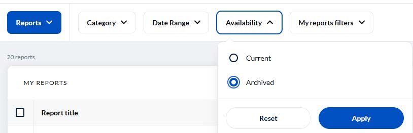 Image showing how to find Reports from previous semesters by selecting Availability filter and then Archived.