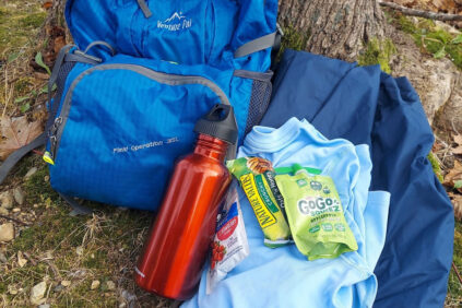 Photo of a backpack leaning up on a tree. On the ground beside the bag is a water bottle, a change of clothes and some snacks.