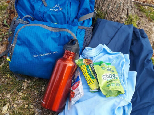 Photo of a backpack leaning up on a tree. On the ground beside the bag is a water bottle, a change of clothes and some snacks.