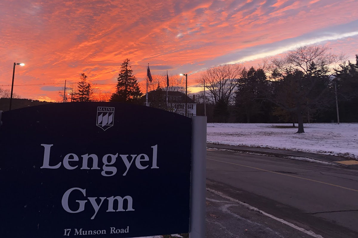 Lengyel Hall sign sunset