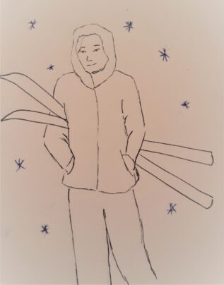Drawing of person holding skis