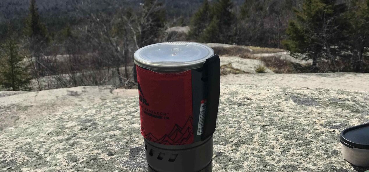 Backpacking stove being used.