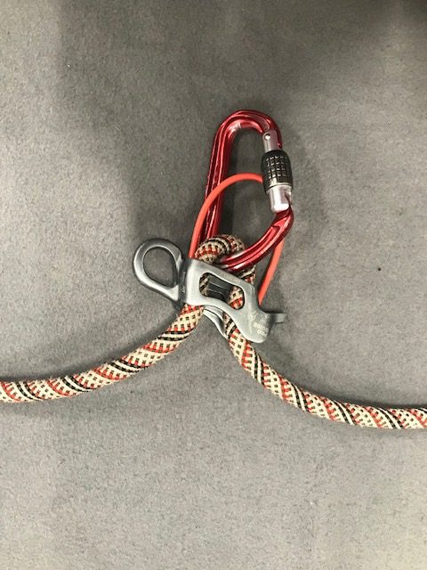 ATC connected to rope with carabiner