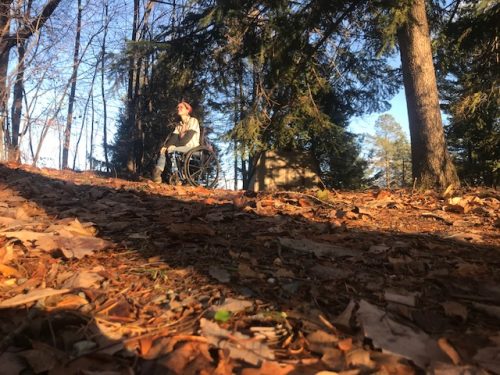 a wheelchair user sits amongst trees on a leaf covered trail