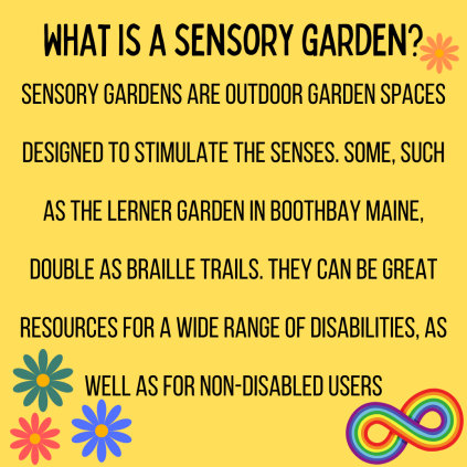 What is a sensory garden? Sensory gardens are outdoor garden spaces designed to stimulate the senses. Some, such as the Lerner Garden in Boothbay Maine double as braille trails. They can be great resources for a wide range of disabilities, as well as for non-disabled users. In two corners of the graphic are flowers, and in one is the rainbow infinity symbol.