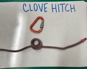 carabiner with rope below the words 'clove hitch'