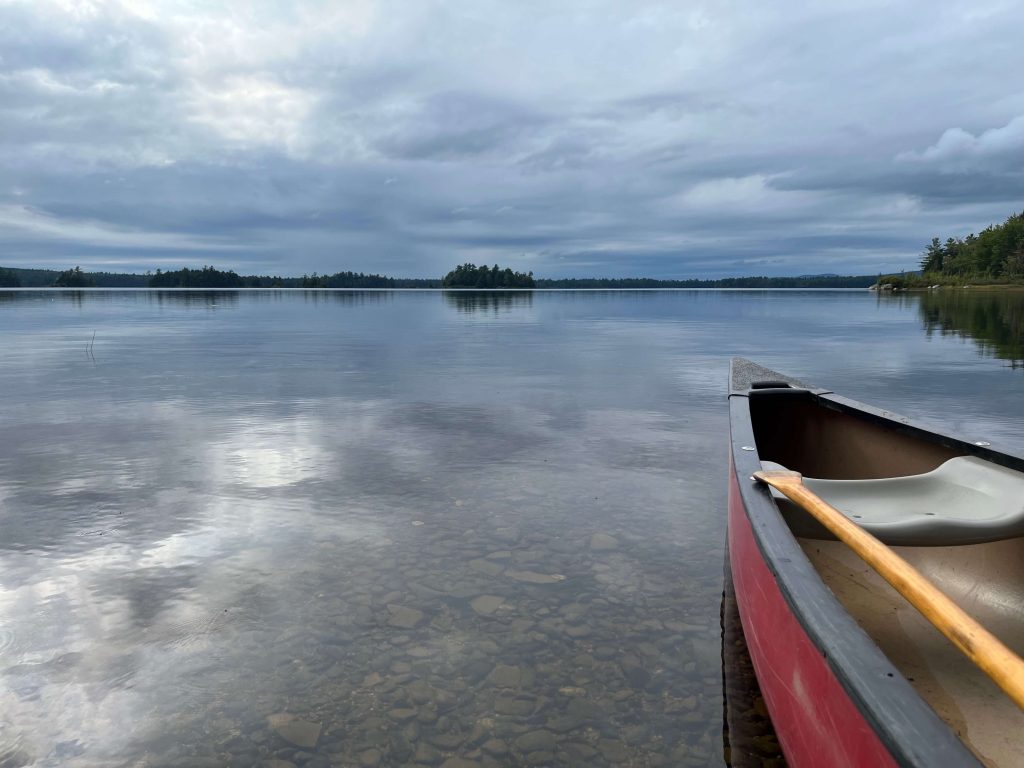 Red canoe and wooden paddle sitting on side of a pond under cloudy skies.