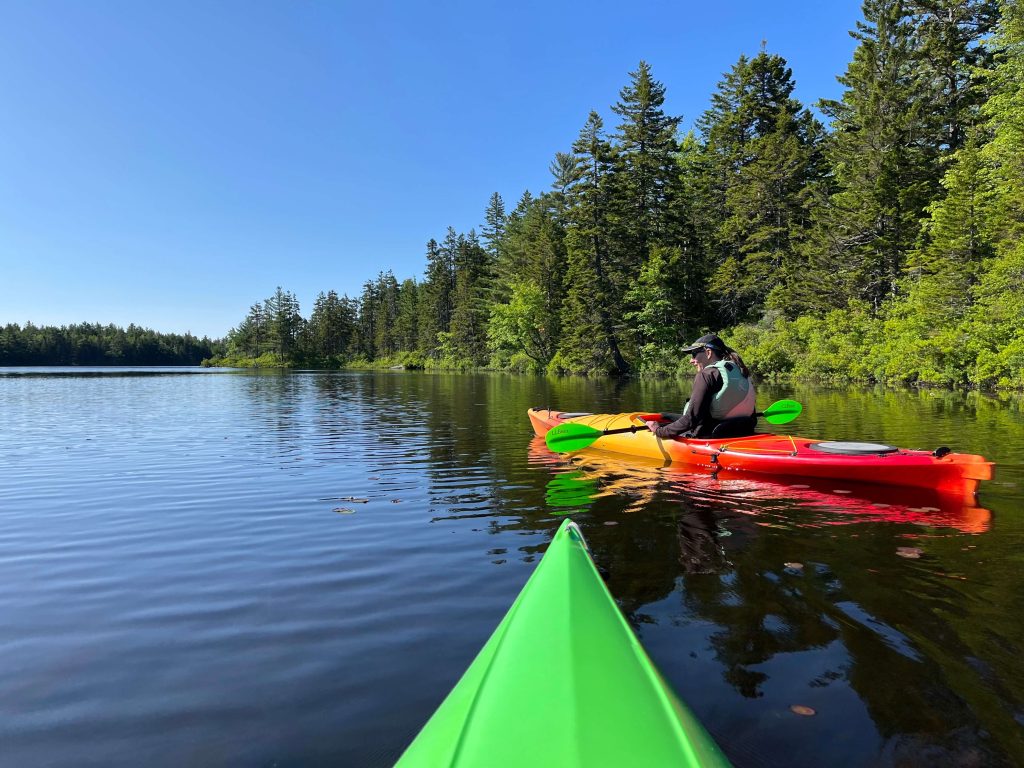 A paddler in a yellow and red kayak rests on a calm pond.