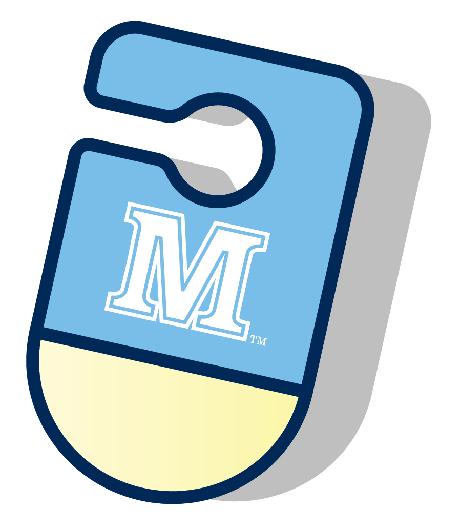 Light blue rearview mirror parking permit featuring a white letter M logo.