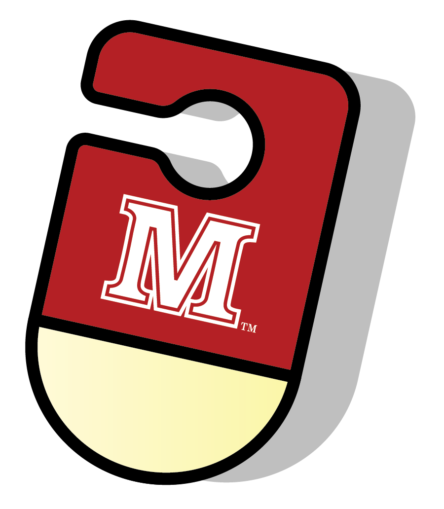 Red rearview mirror parking permit featuring a white letter M logo.