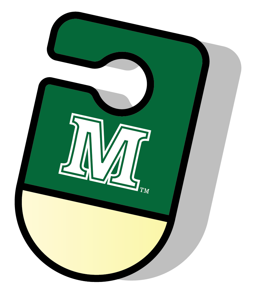 Green rearview mirror parking permit featuring a white letter M logo.