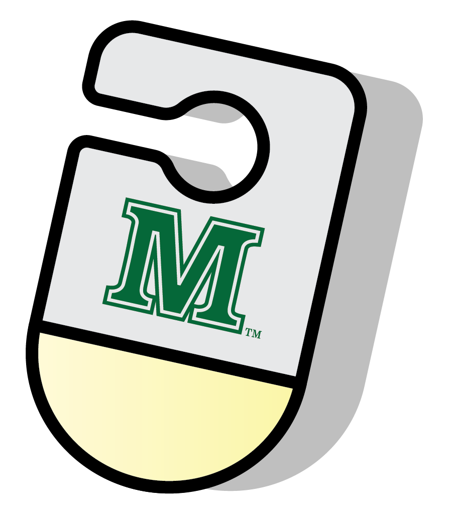 Illustration of a white rearview mirror parking permit featuring a green letter M logo.