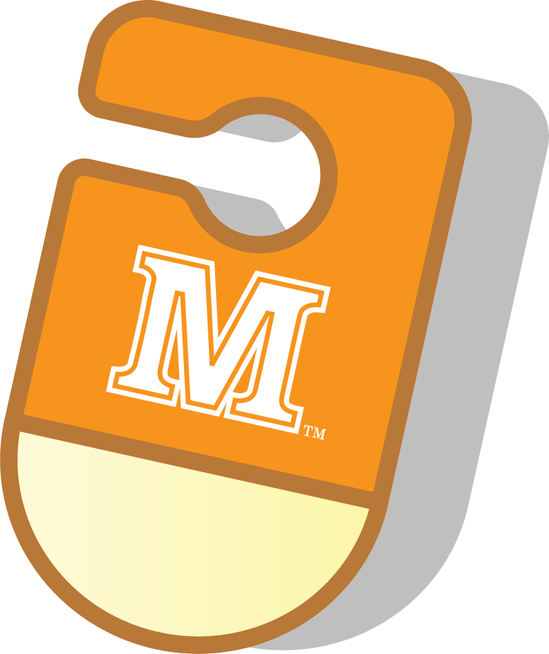 Orange rearview mirror parking permit featuring a white letter M logo.