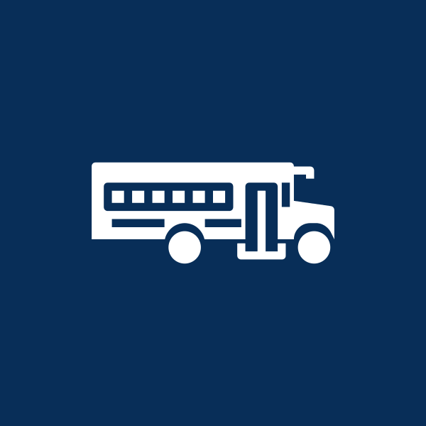 White bus icon on a navy blue background.