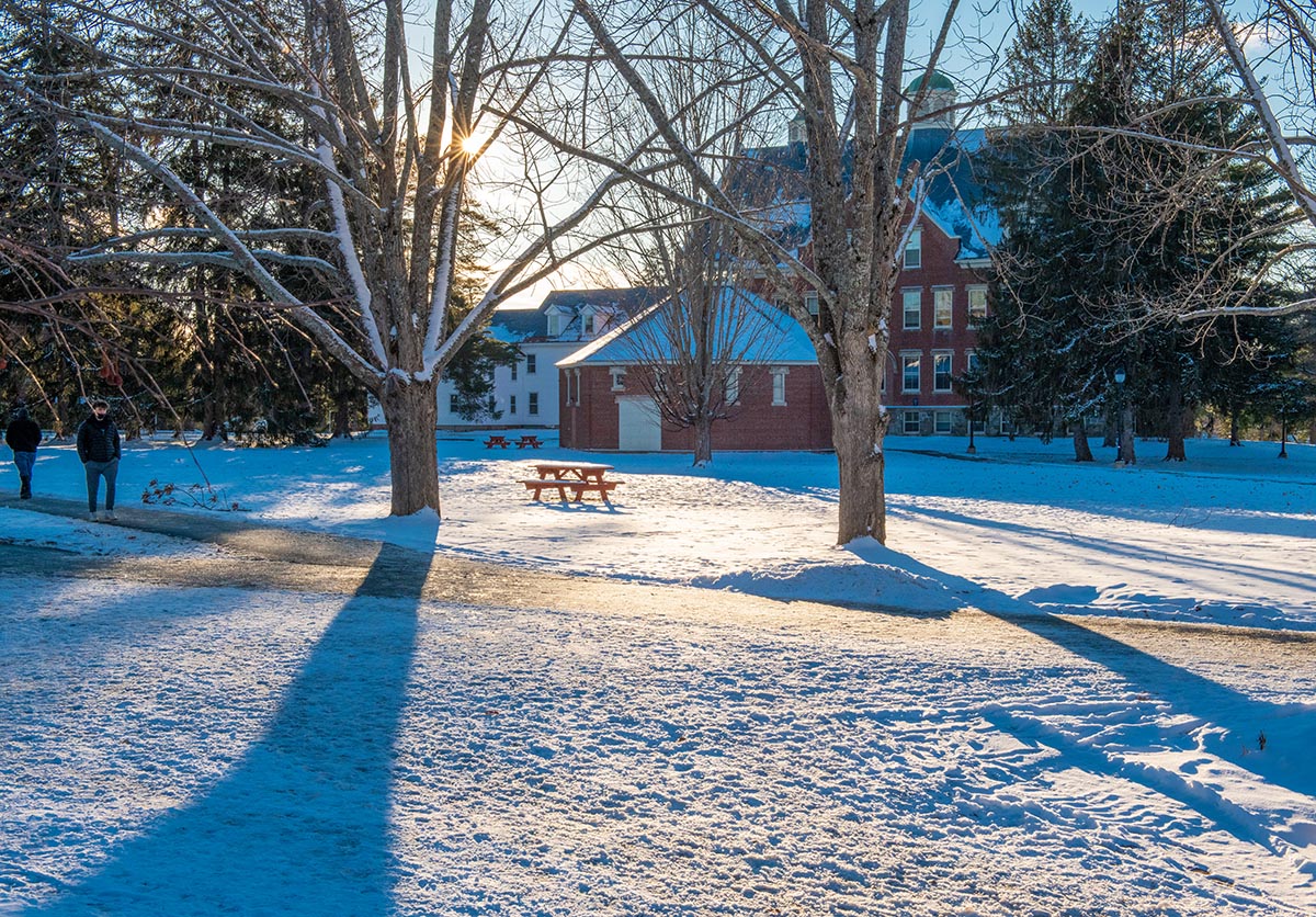 An image of snowy campus on a sunny day
