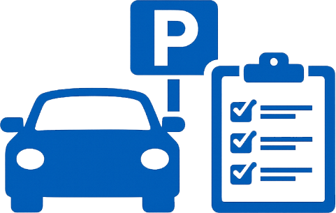 Blue icons of a car, a parking sign, and a checked list.