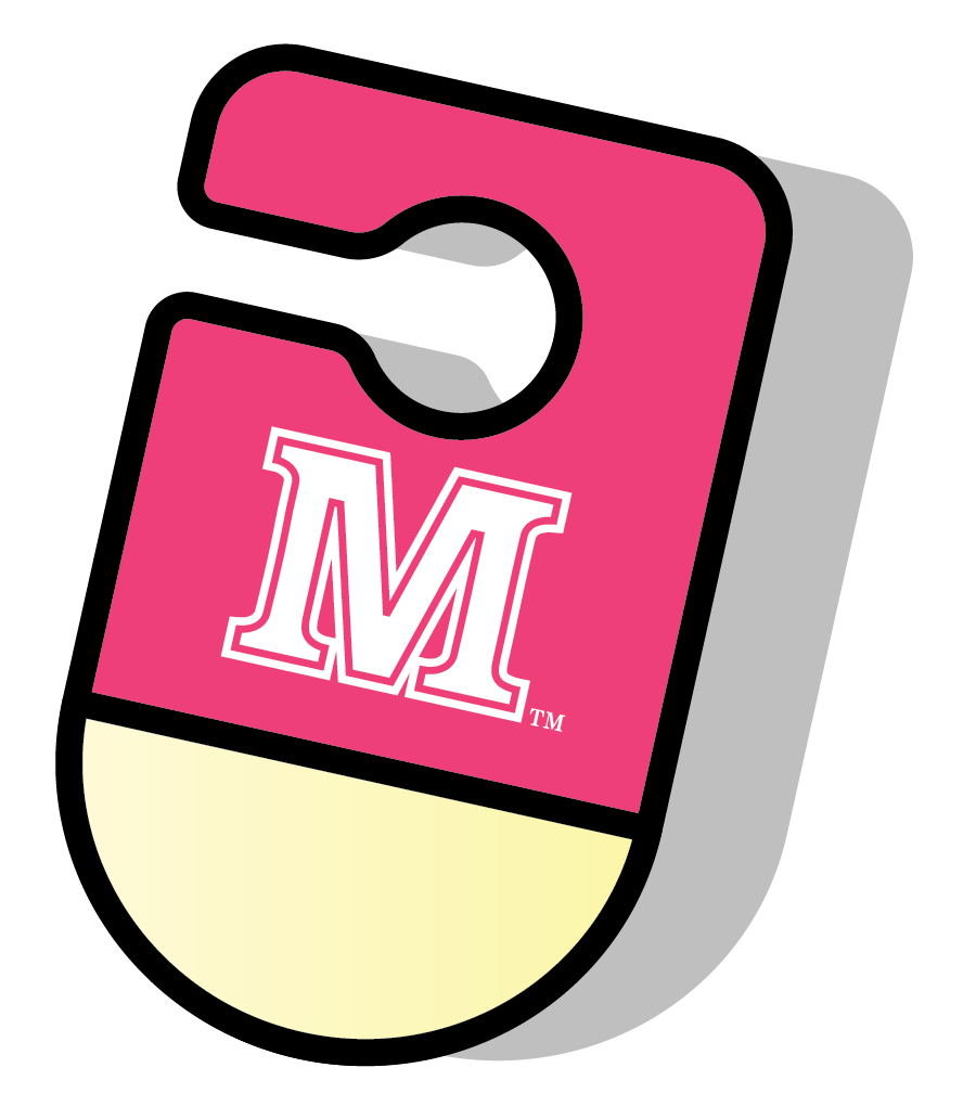 Pink and cream door hanger permit tag featuring a white letter M.