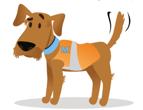Buttercup the Parking Pup in a Maine parking vest illustration