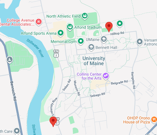 Two pins on the UMaine campus map showing Overnight Parking availability.