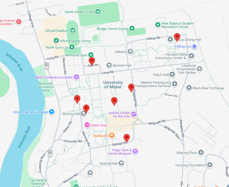 Campus map with pins showing Mobile Pay Parking spots.