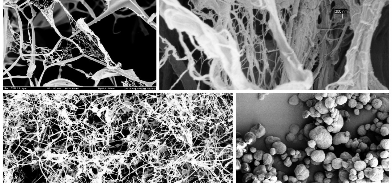 collage of microscope photos of nanocellulose