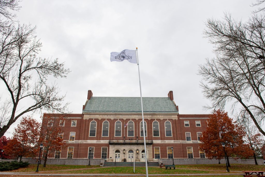 A flag flys over Fogler Library.