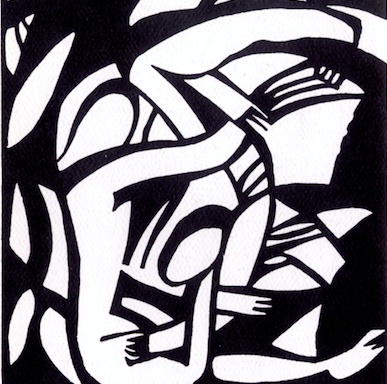 Abstract black and white illustration consisting of more organic forms evoking people and foliage