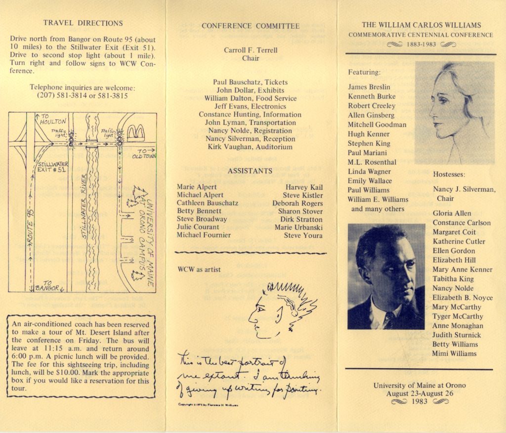 A scanned image of the conference program for the William Carlos Williams Centennial Conference, unfolded. Provided for historical interest, the text is reproduced on this page.