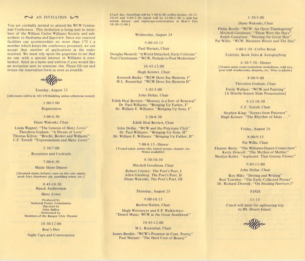 A scanned image of the conference program for the William Carlos Williams Conference, unfolded to show the second side. Provided for historical interest, the text is reproduced on this page.