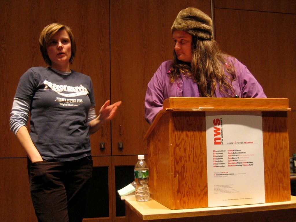 Photograph of writer and poet Magdalena Zurawski & CA Conrad at the podium