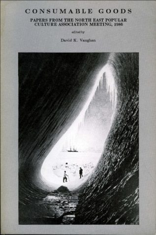 black and white photo of two men at the mouth of an ice cave looking across the frozen tundra at a near by boat