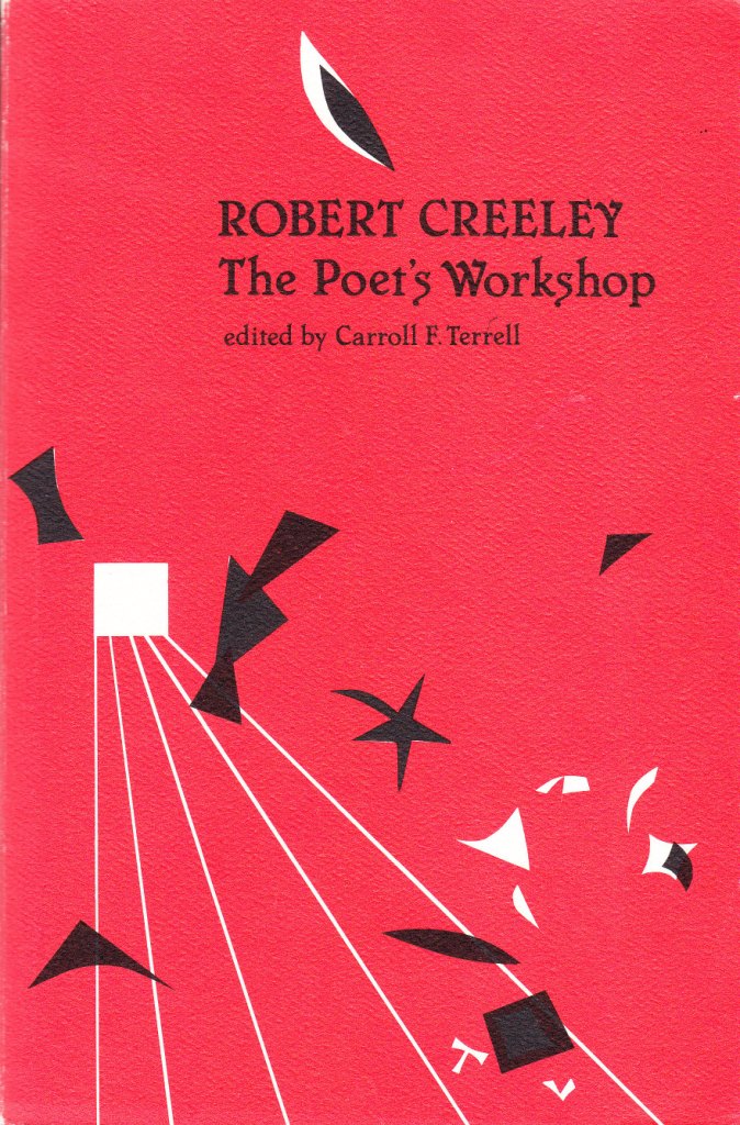 Red background and a white square on the left side of cover with abstract black and white objects flying out of it