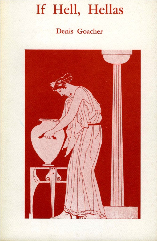 red and white background, drawing of an ancient Greek woman picking up a vase next to a column.
